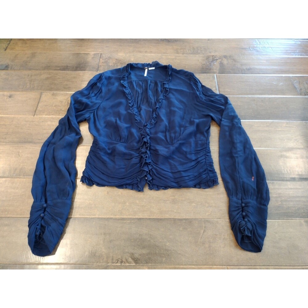 WE THE FREE PEOPLE Women's navy blue long-sleeve Blouse Top - L Large